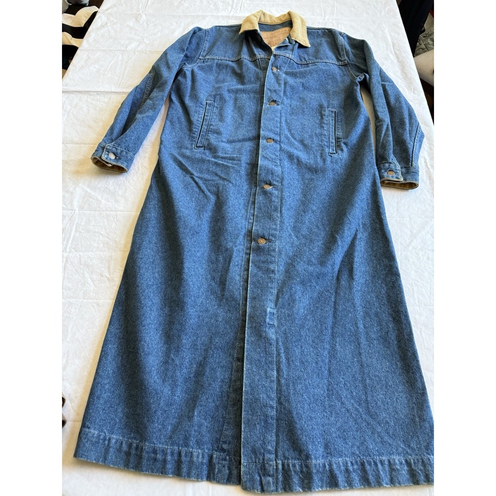 Vintage 80s Levis 75070 Denim Duster Long Coat Made USA Corduroy Collar Medium